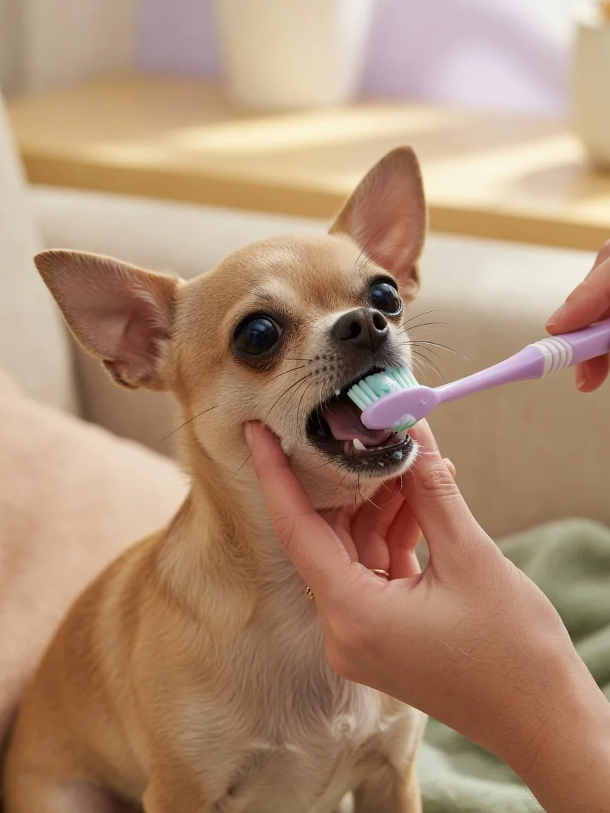 A small tan chihuahua having its teeth gently brushed