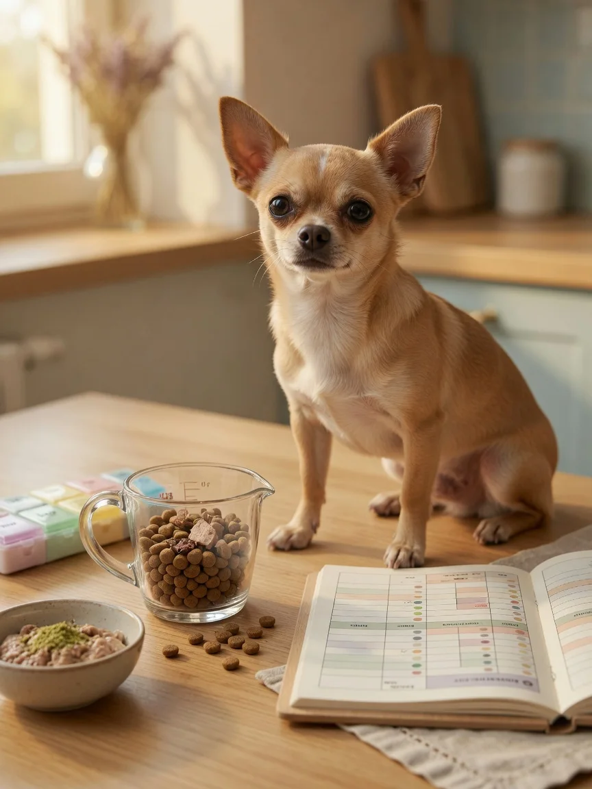A small tan chihuahua beside a measured meal and routine chart