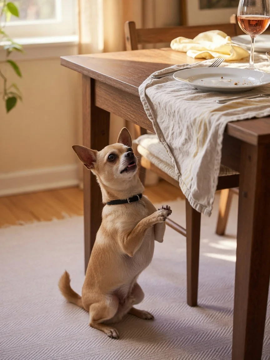 A small tan chihuahua begging beside a dinner table