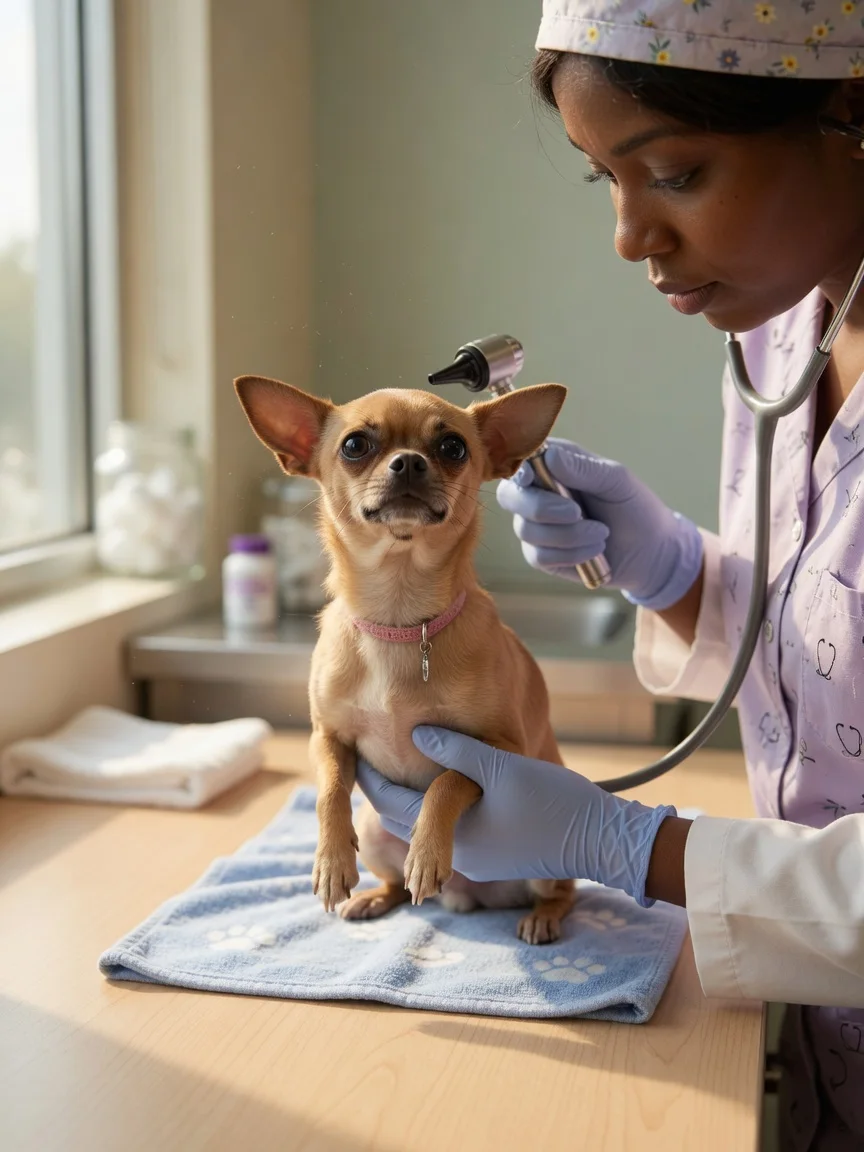 A small tan chihuahua being gently examined by a caring veterinarian