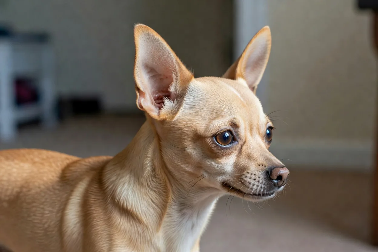Close-up profile of a chihuahua with large upright ears held open and alert