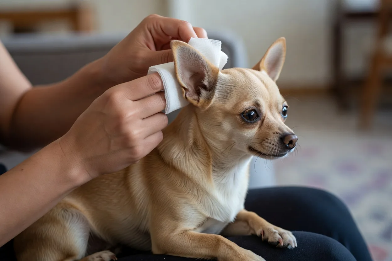 Hands holding a small dog's ear flap open and wiping the outer ear with gauze