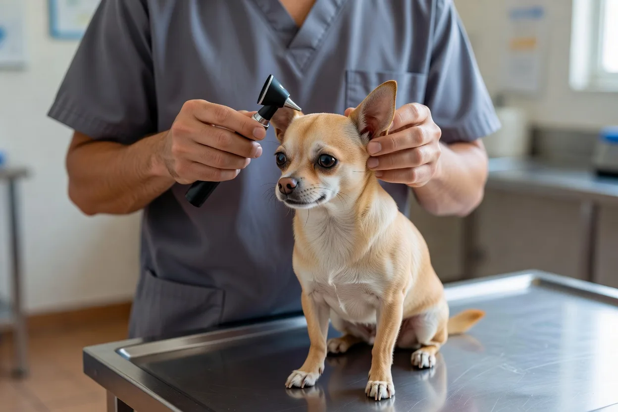 Veterinarian examining a small chihuahua's ear canal with an otoscope on an exam table