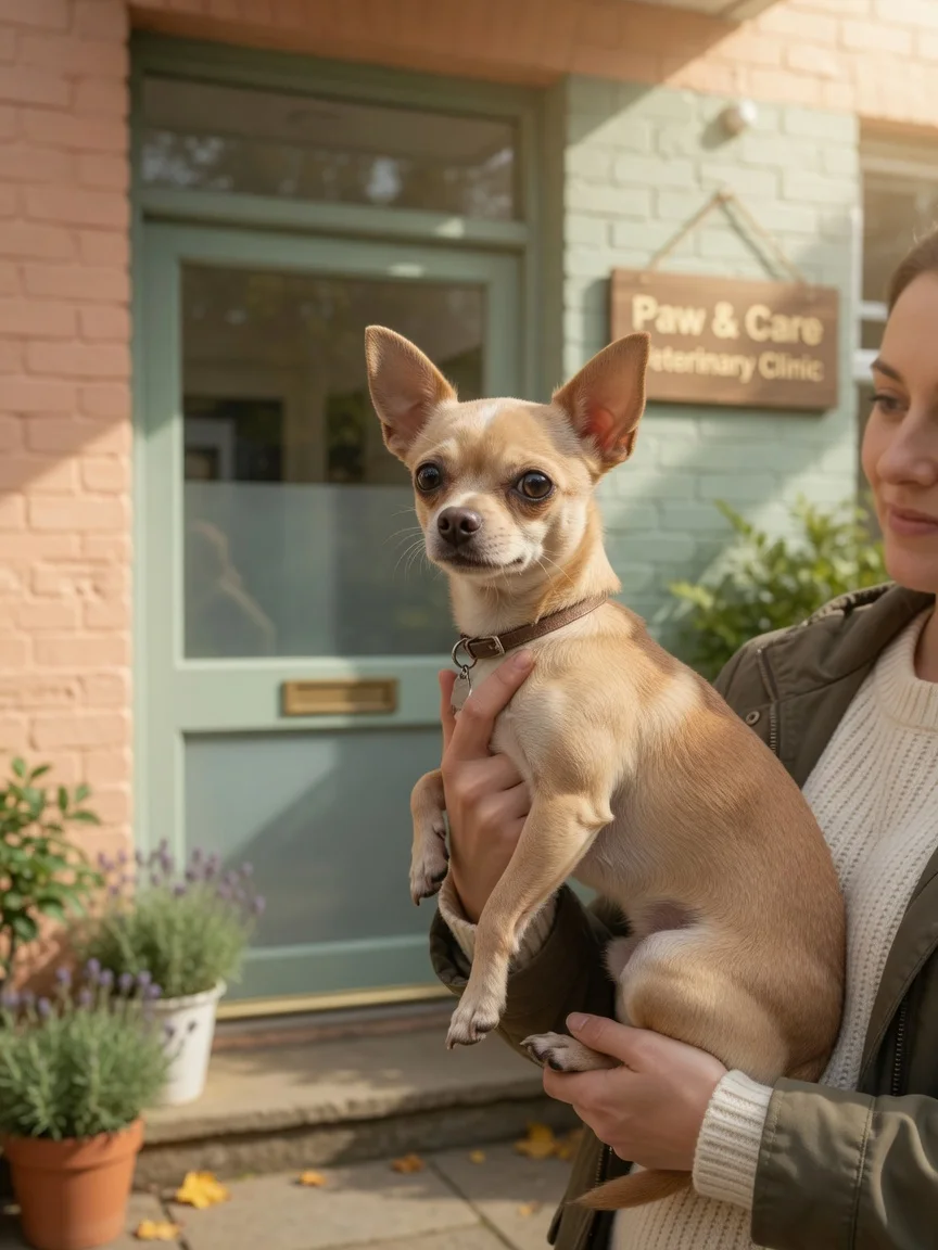 A person carrying a small chihuahua into a veterinary clinic