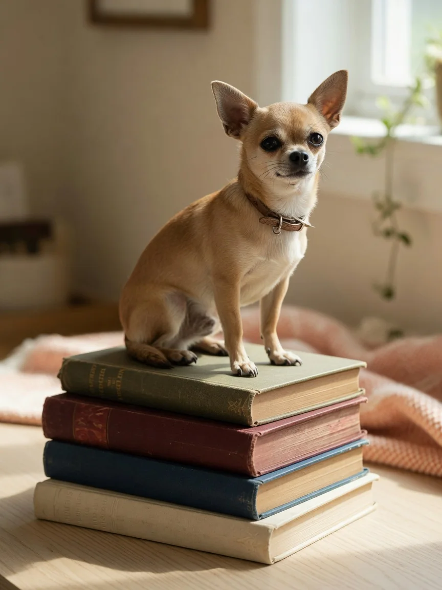 A proud small tan chihuahua on a stack of books