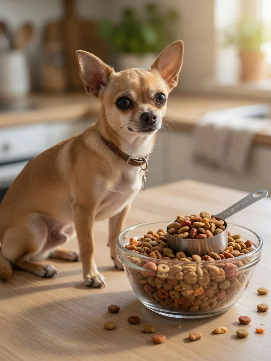 A small tan chihuahua beside a measured bowl of kibble