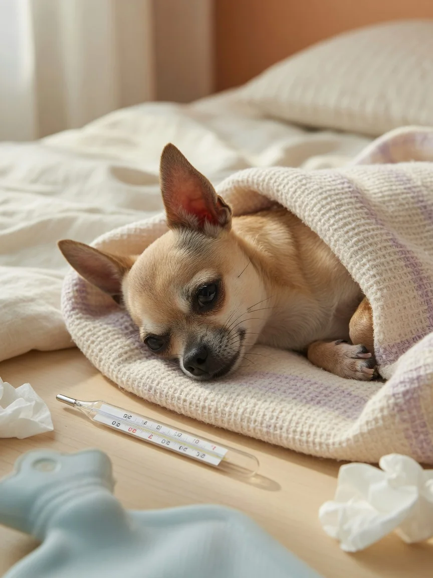 A small tan chihuahua resting under a light blanket with a thermometer nearby