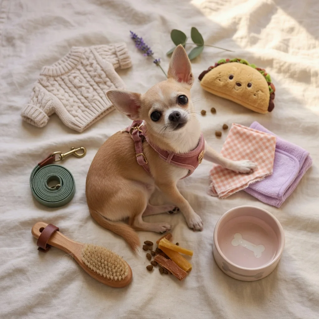 A flat lay of small dog gear with a chihuahua sitting among it