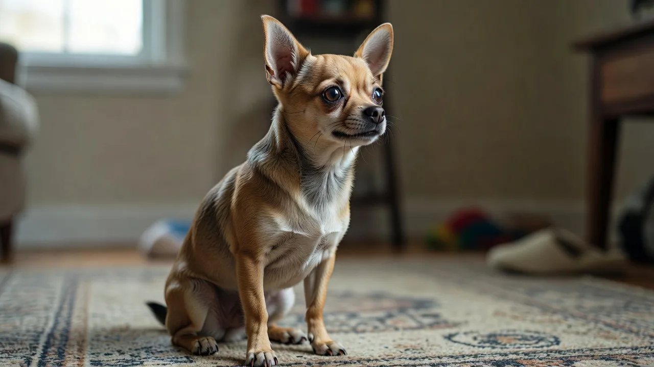 a Chihuahua sitting on a rug, ears forward, watching something out of frame with alert attention