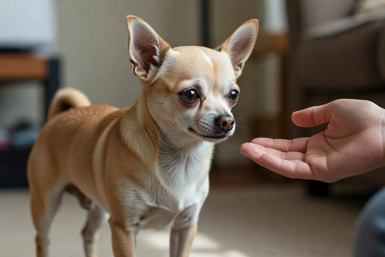 a Chihuahua turning its head away from an outstretched hand, showing a calm avoidance signal