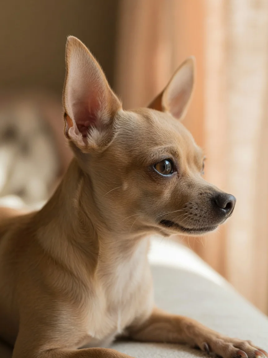 A small tan chihuahua with very large upright ears in close profile