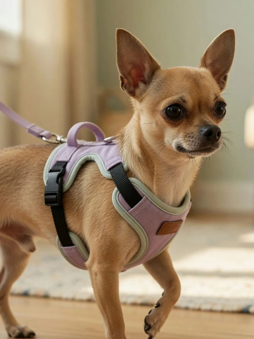 A small tan chihuahua wearing a comfortable step-in harness
