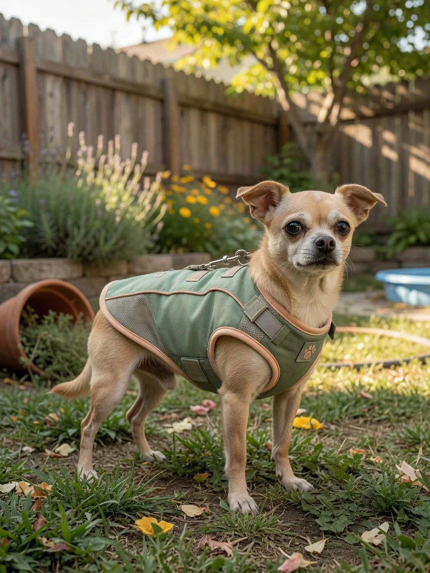 A small chihuahua wearing a protective vest in a backyard