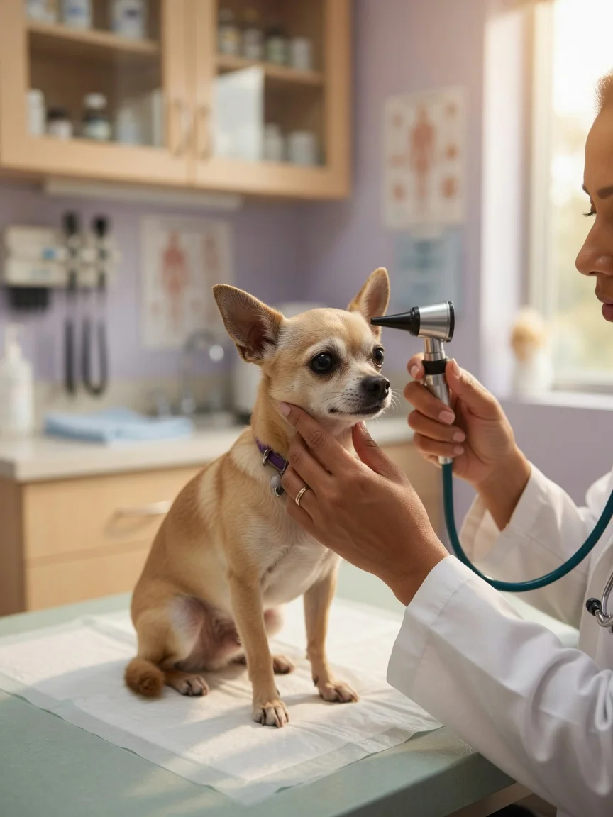 A caring veterinarian examining a small tan chihuahua