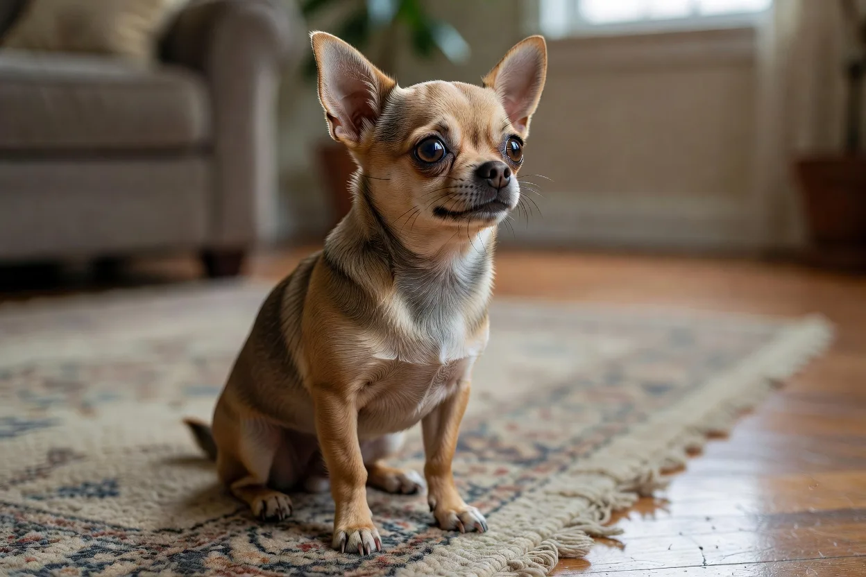 a Chihuahua sitting on a rug, ears forward, watching something out of frame with alert attention