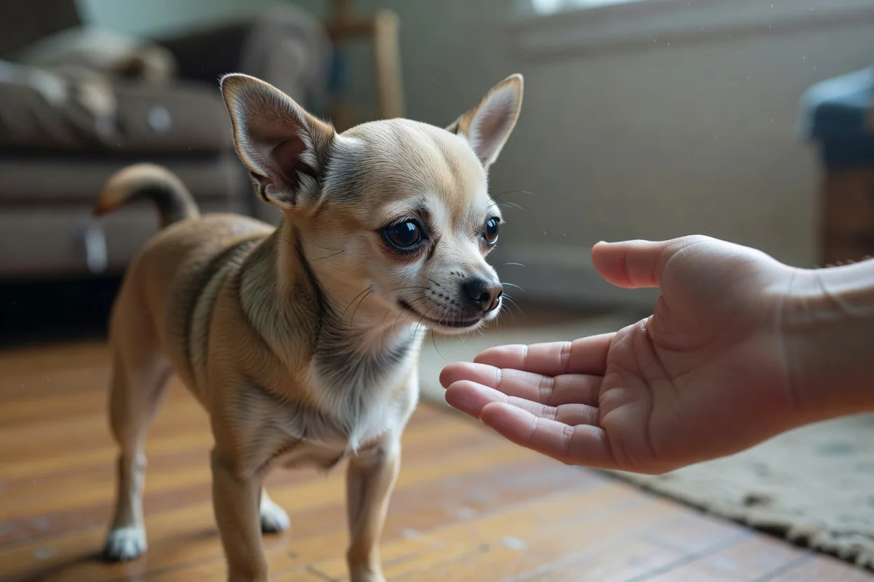 a Chihuahua turning its head away from an outstretched hand, showing a calm avoidance signal
