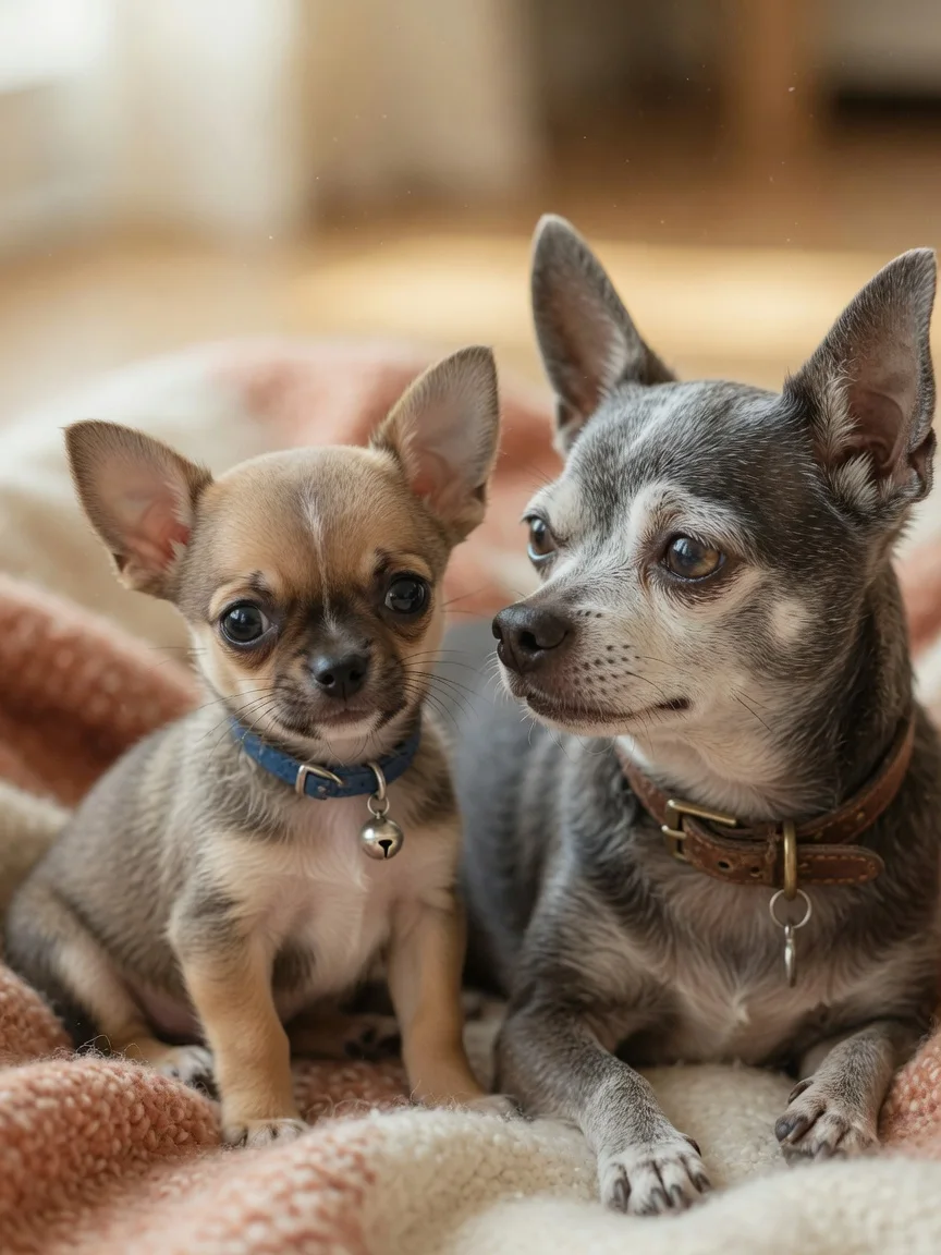 A chihuahua puppy and a grey-muzzled senior chihuahua side by side