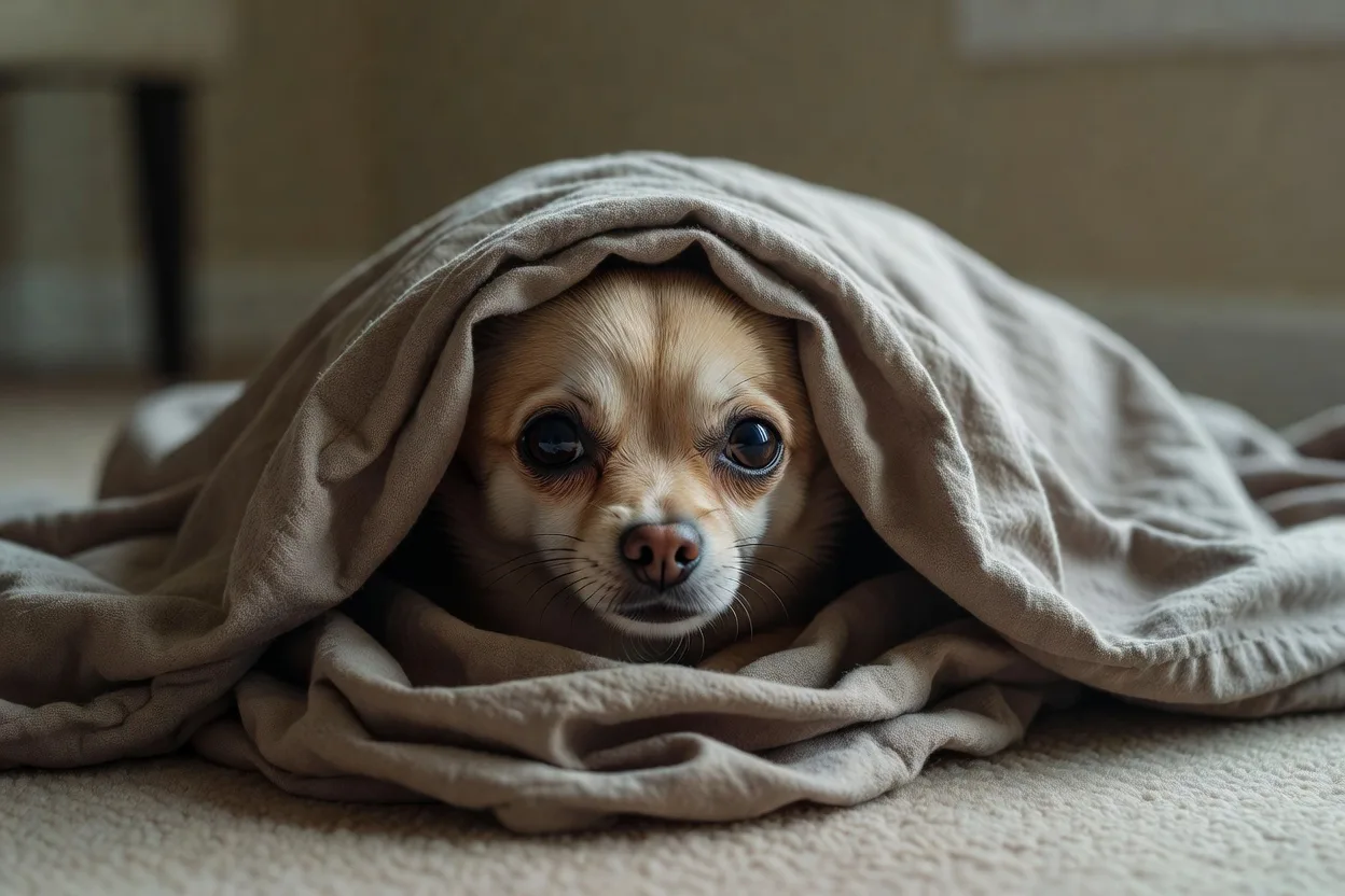 a Chihuahua burrowed under a folded throw blanket with only its face visible
