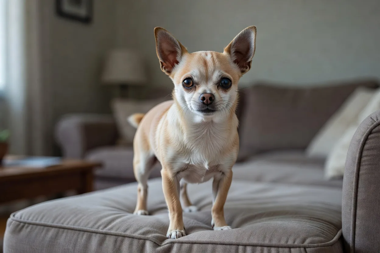 a Chihuahua standing on a sofa cushion looking directly at the camera, ears up