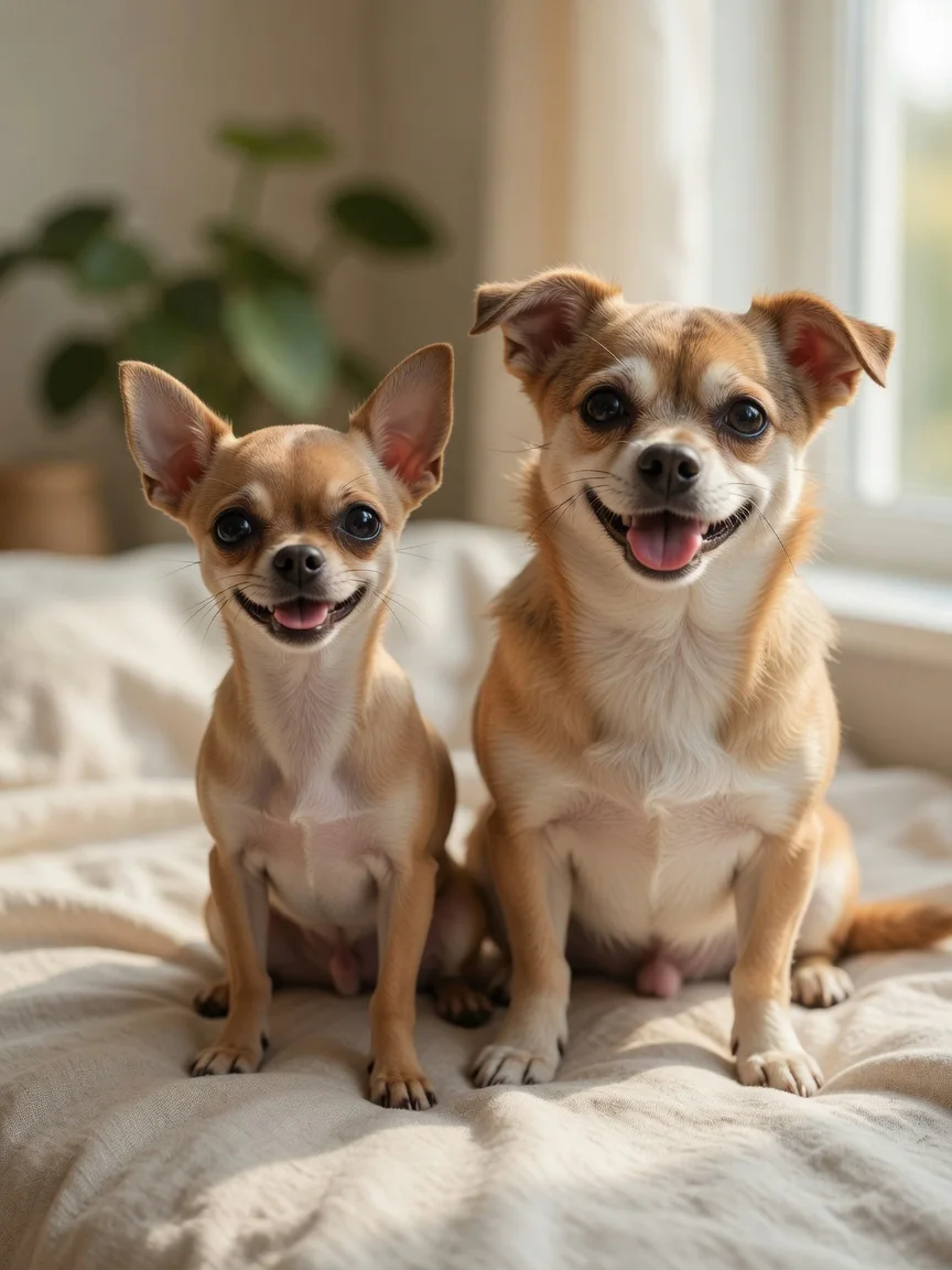 Two small friendly dogs side by side showing different builds