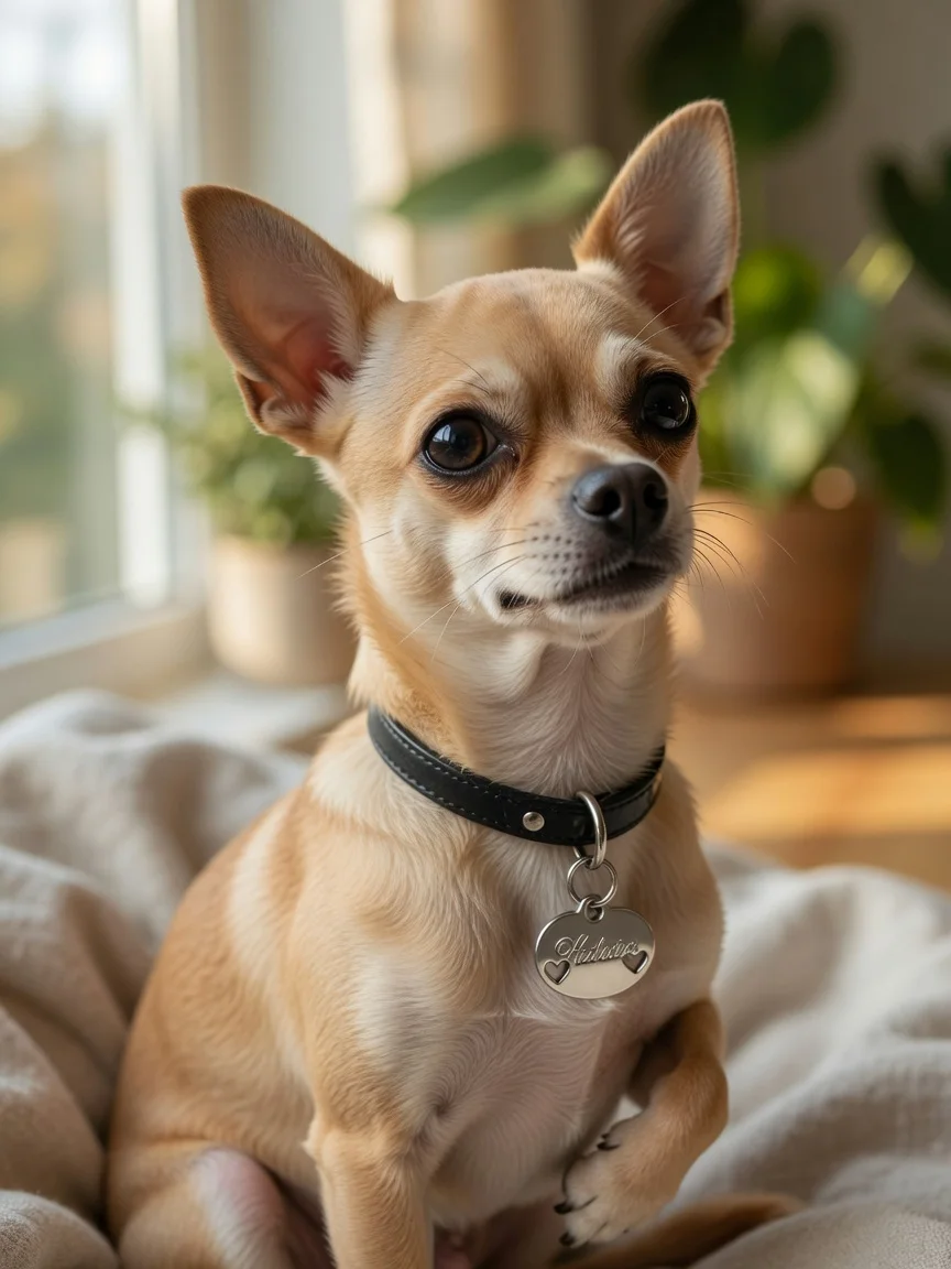A small tan chihuahua with a shiny name tag on its collar