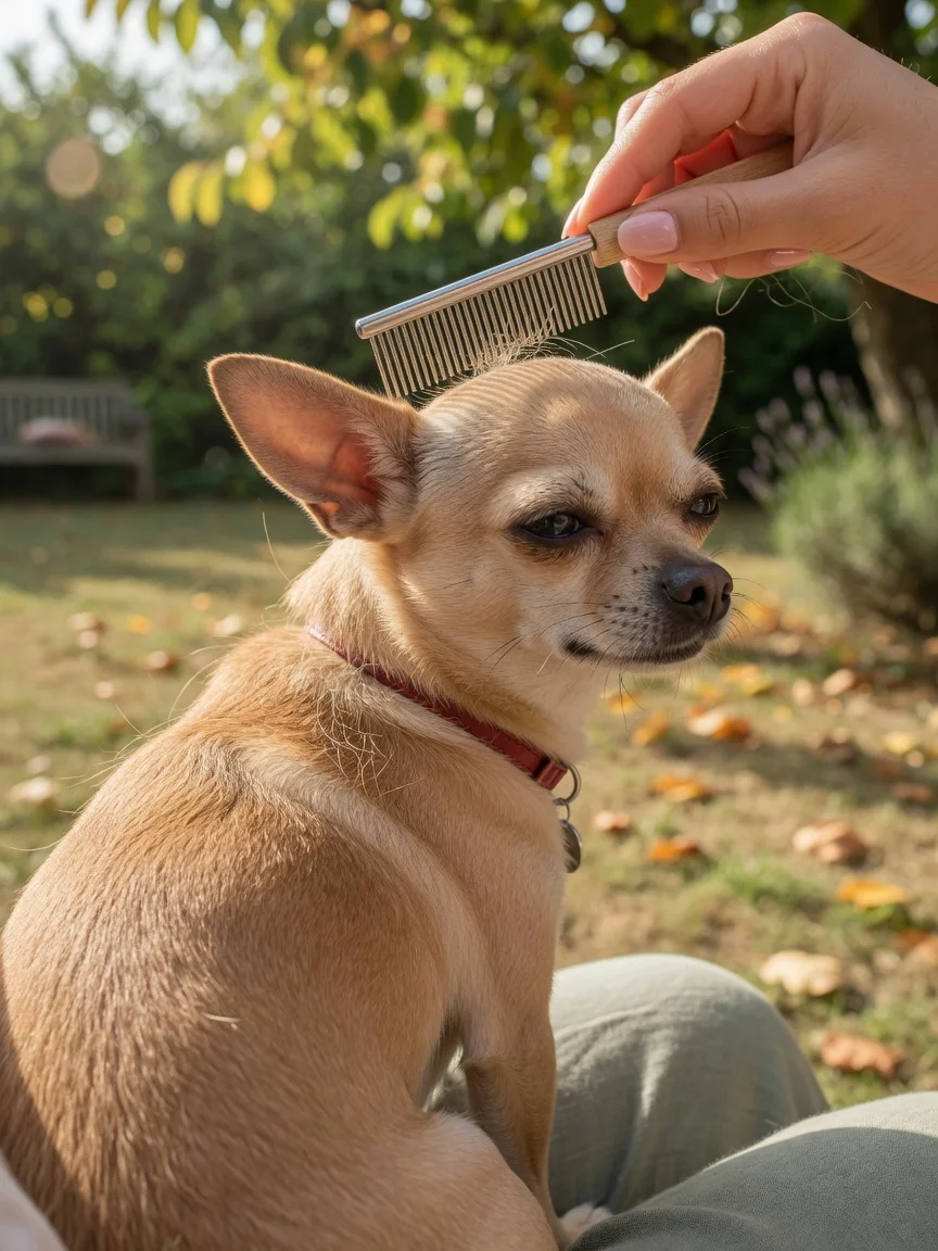 A small tan chihuahua being combed through its fur outdoors
