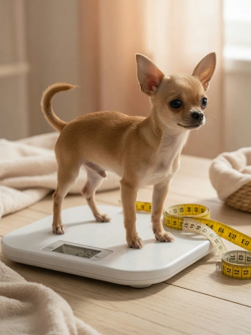 A small chihuahua on a pet scale with a measuring tape nearby