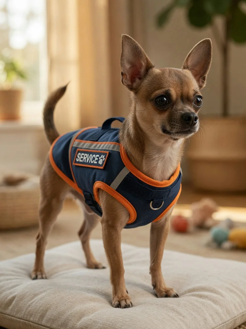 A small alert chihuahua wearing a tiny working-dog vest