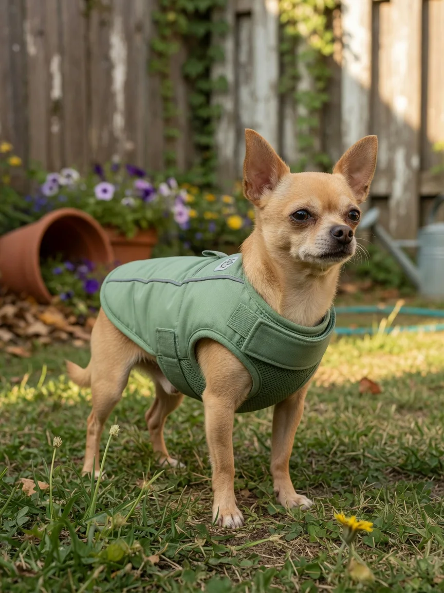 A small chihuahua wearing a protective vest in a backyard