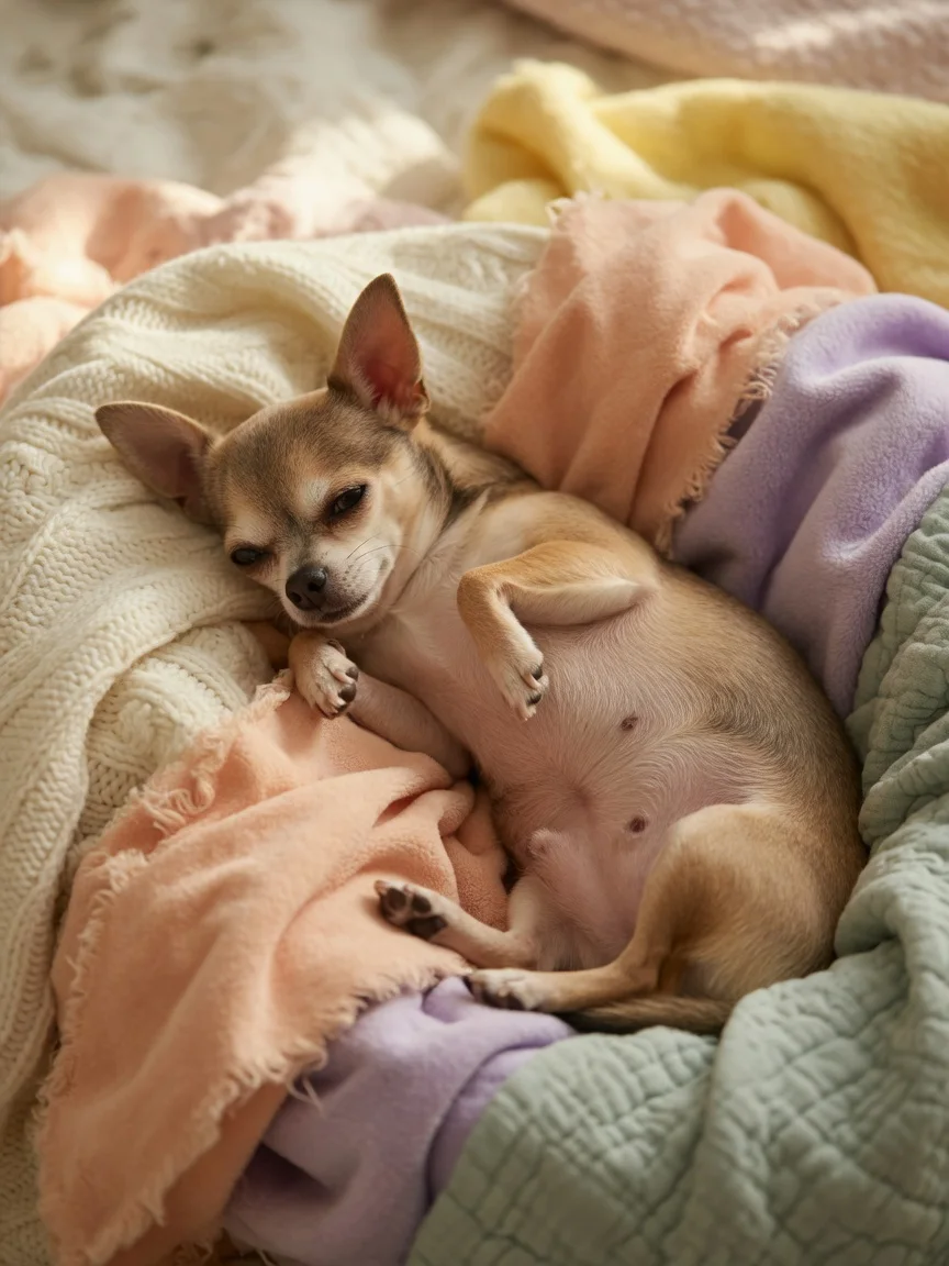 A round-bellied chihuahua resting on a soft nest of blankets