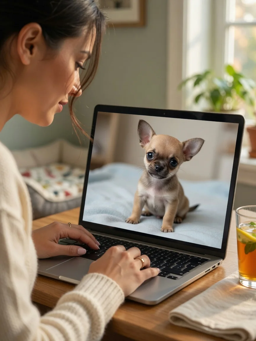 A person carefully reading a laptop with a chihuahua puppy photo on screen