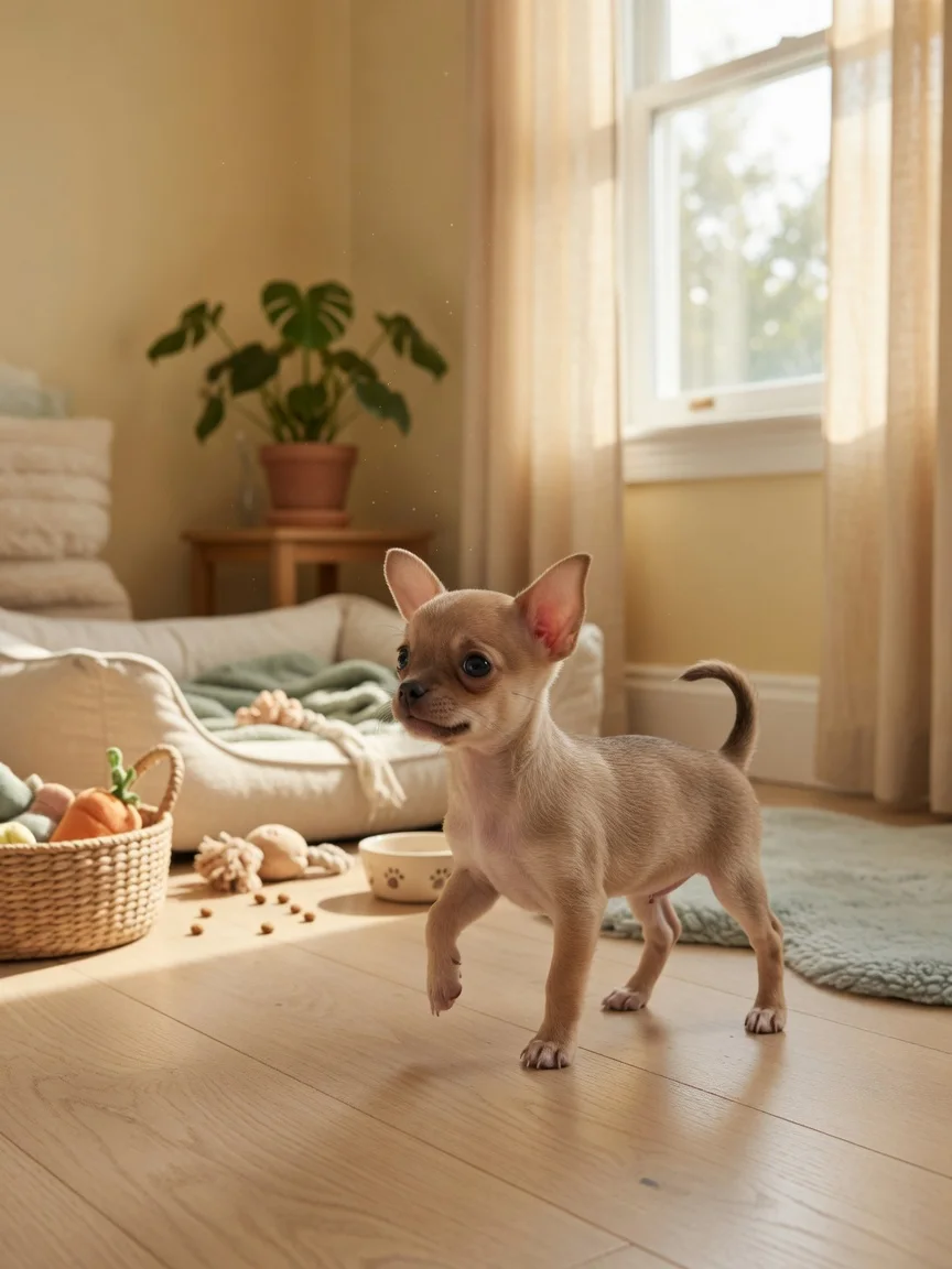 A tiny chihuahua puppy exploring a safe cozy room