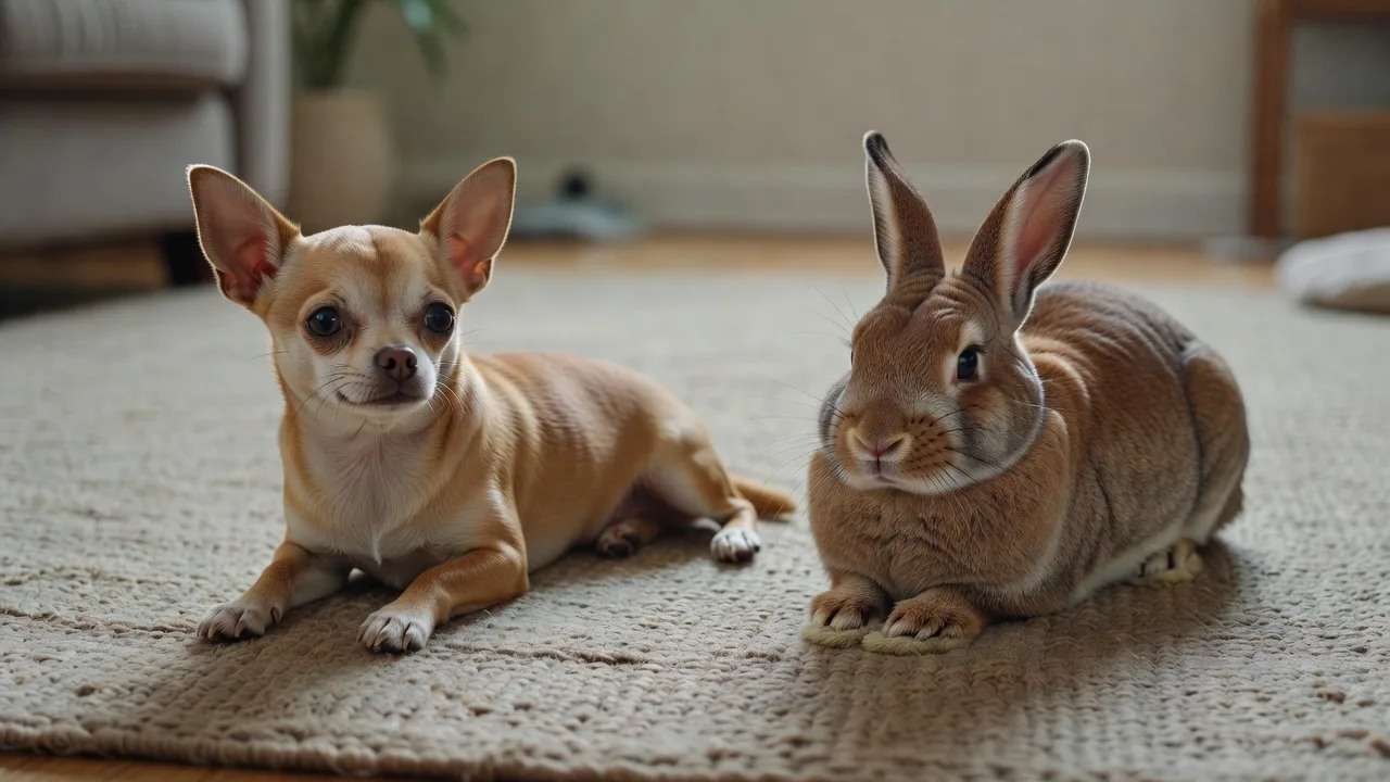 a Chihuahua and a rabbit resting at a comfortable distance on the same rug, both calm