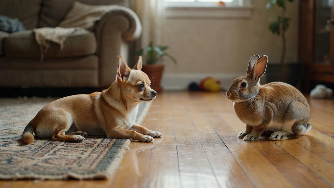 a Chihuahua watching a rabbit from across a room, relaxed posture, clear space between them