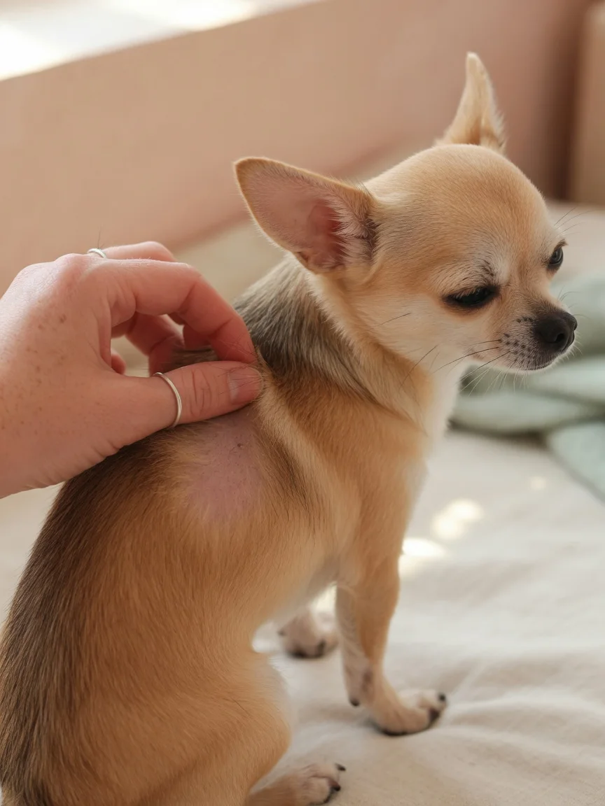 A person gently parting the fur of a small tan chihuahua