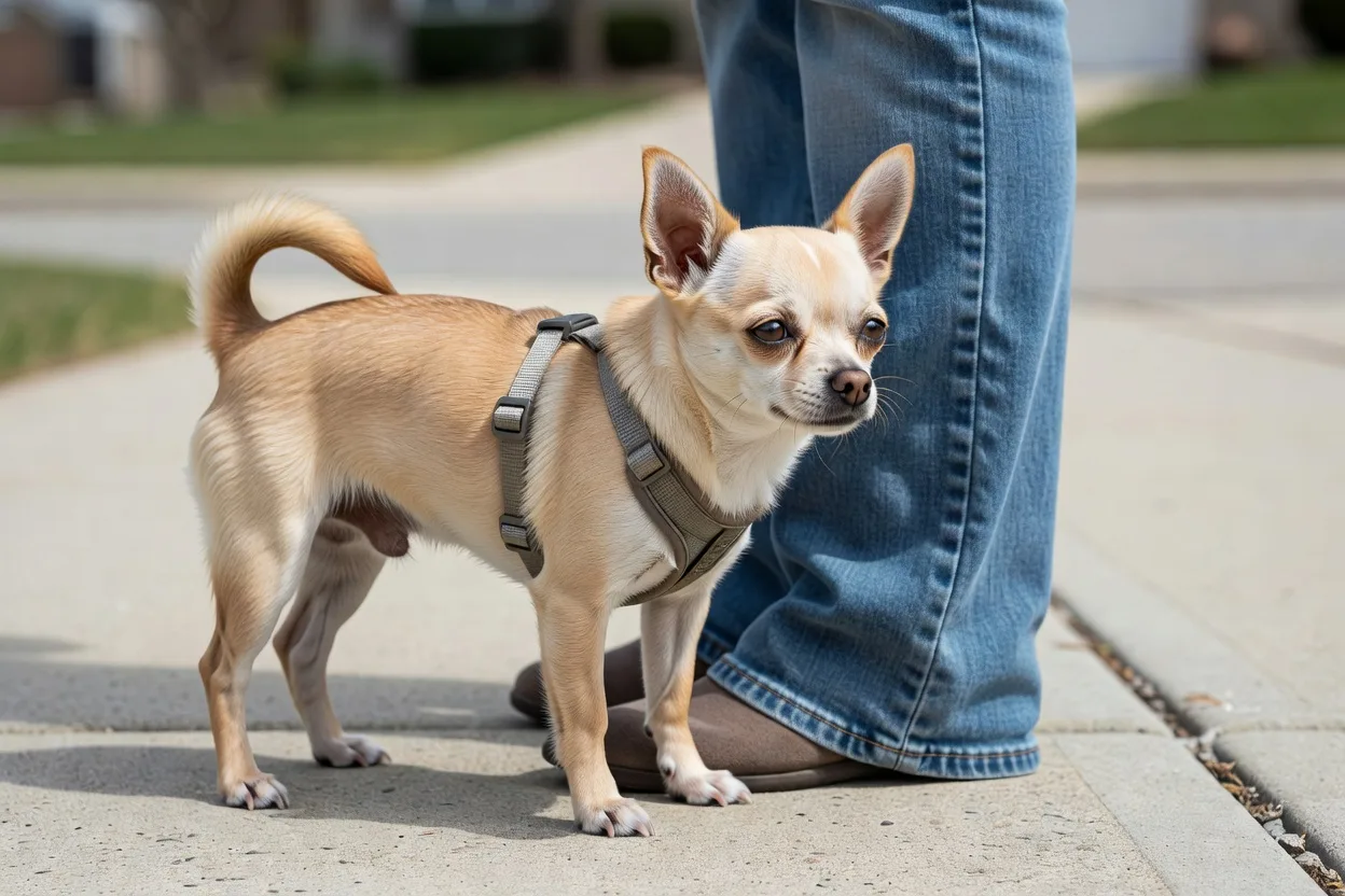 a Chihuahua on a fitted harness standing close to its owner's leg on a suburban pavement in daylight