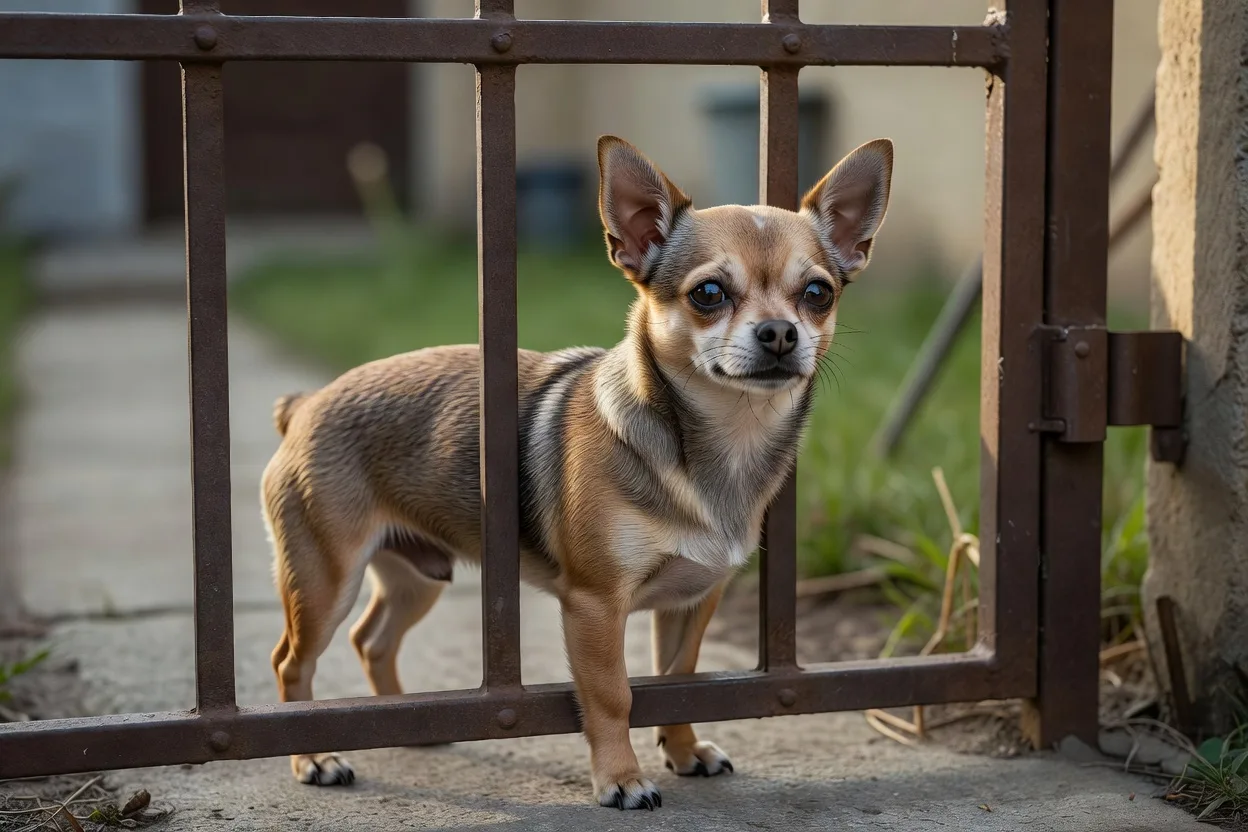 a Chihuahua behind a closed garden gate looking out, secure and calm