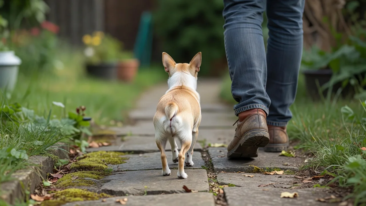 a Chihuahua walking beside an owner's feet on a garden path, seen from behind