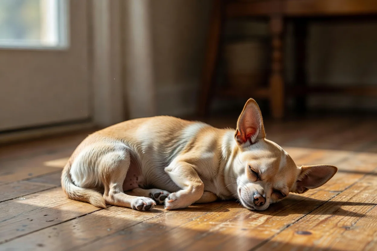 a Chihuahua asleep in a patch of afternoon light on a wooden floor