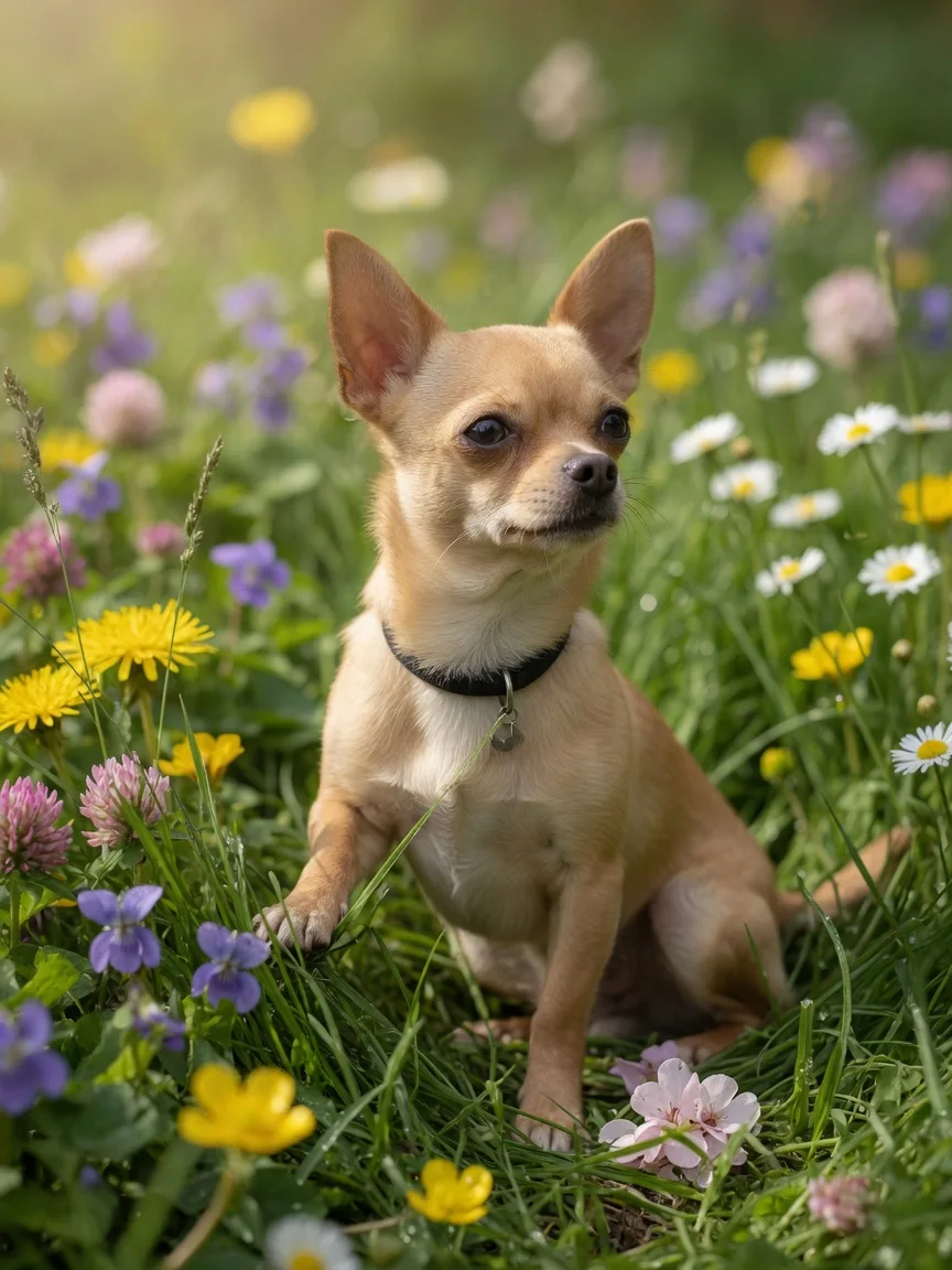 A small tan chihuahua among spring flowers on fresh grass