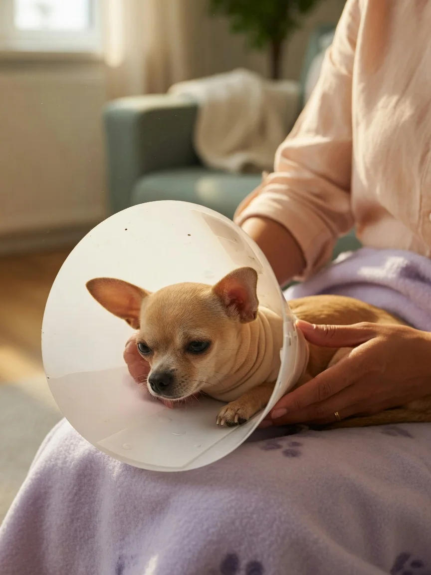 A small tan chihuahua resting in a recovery cone beside a caring person