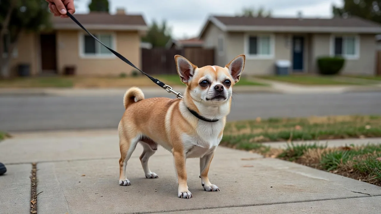 a Chihuahua on a lead beside an ordinary residential street, photographed at a respectful distance