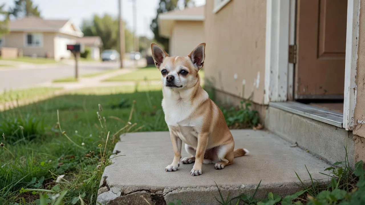 a Chihuahua sitting on a doorstep of a modest suburban home in daylight
