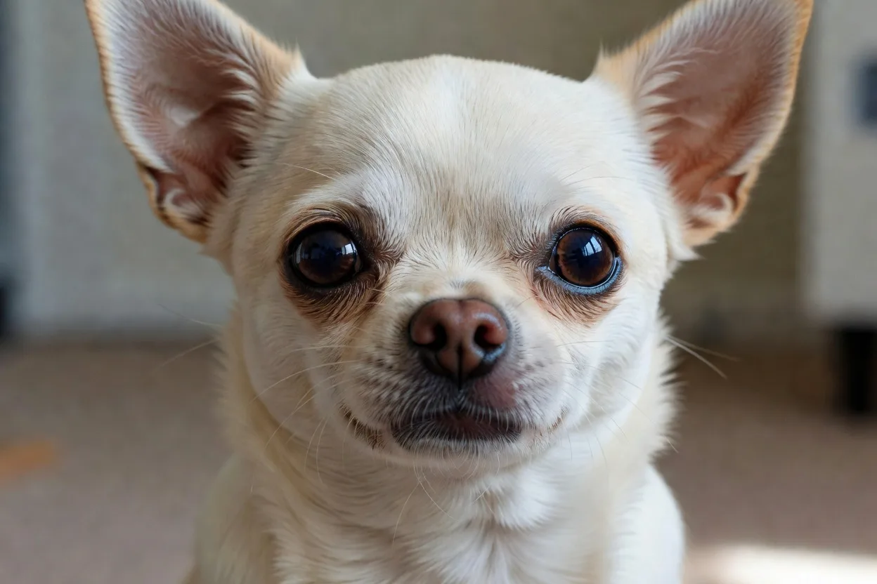 Cream smooth-coat chihuahua facing the camera, showing the pale fur around its large dark eyes