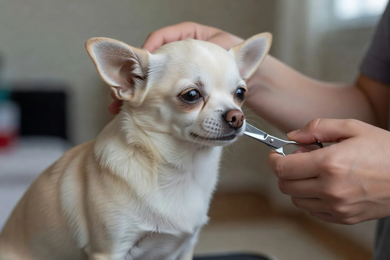 Small scissors carefully trimming the fur on a cream chihuahua's face beside the eye