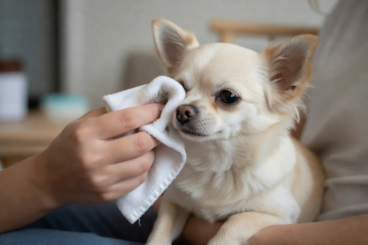 A person gently wiping the fur below a small chihuahua's eye with a soft damp cloth