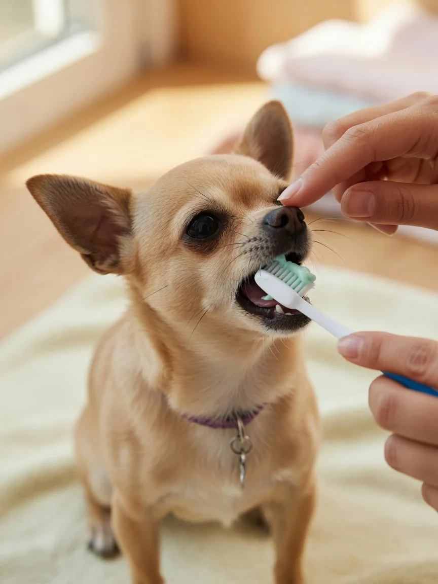 A small tan chihuahua having its teeth gently brushed