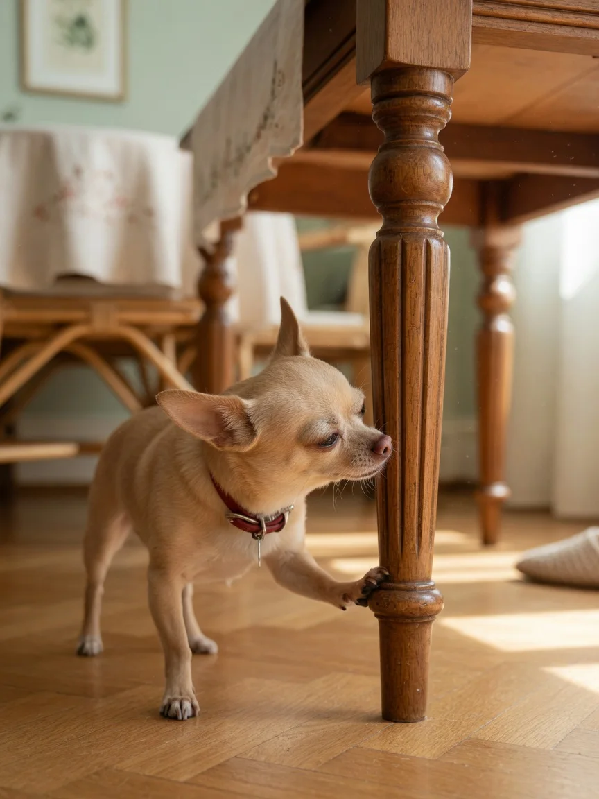 A small tan chihuahua sniffing a table leg indoors