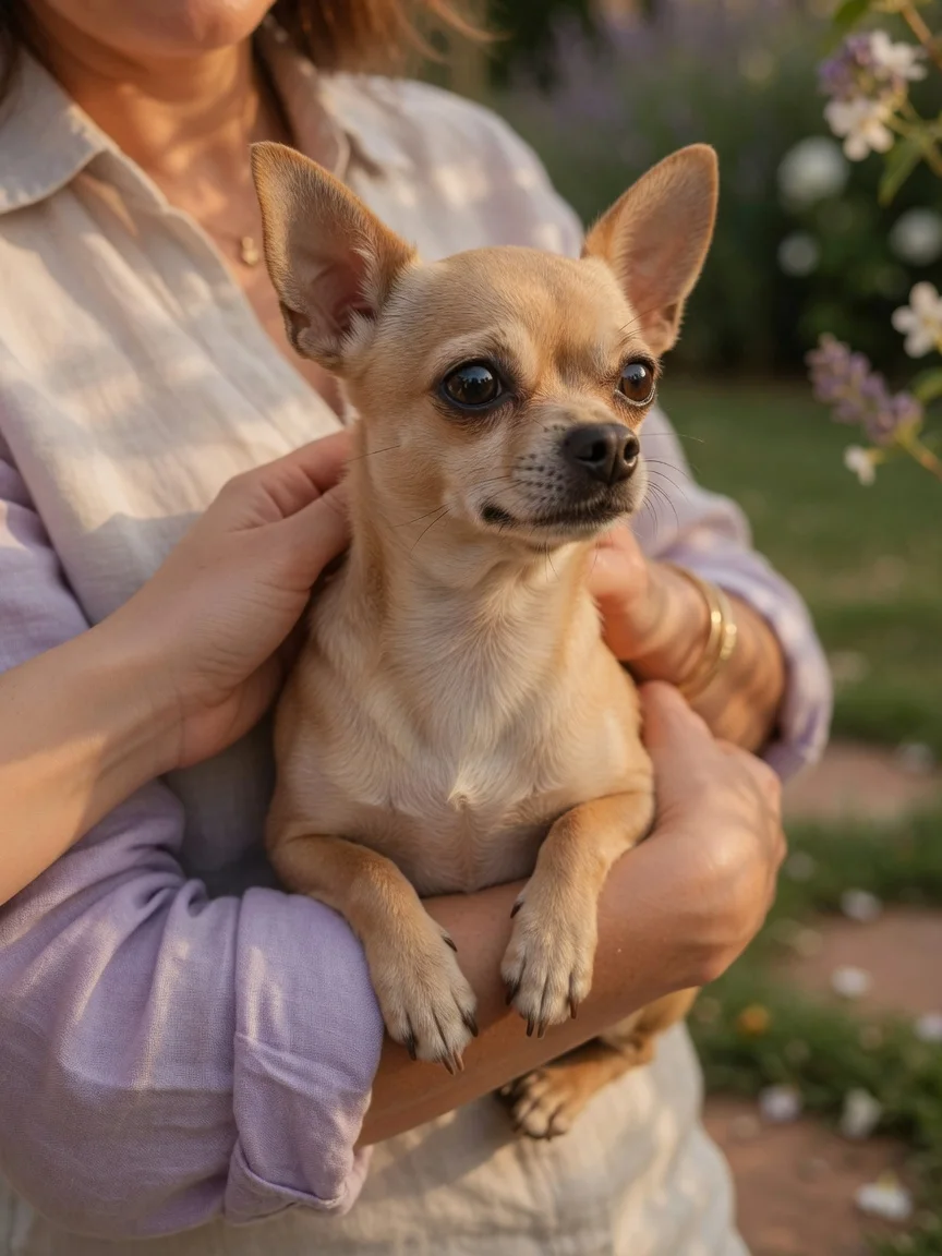 A small tan chihuahua held securely in its owner arms outdoors