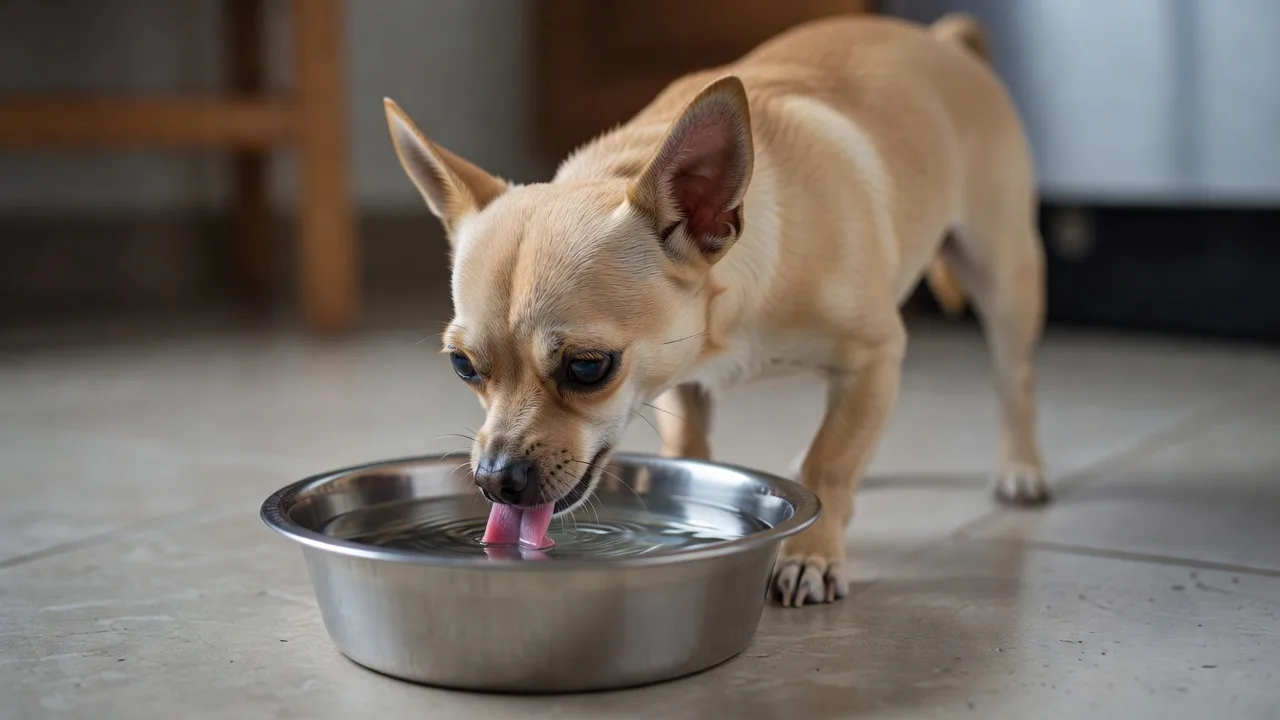 A small tan chihuahua drinking from a shallow water bowl on a kitchen floor